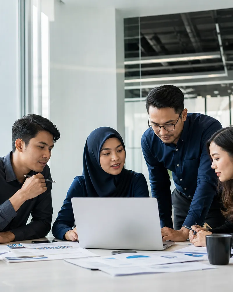 Malaysian professionals collaborating around a laptop and printed business information